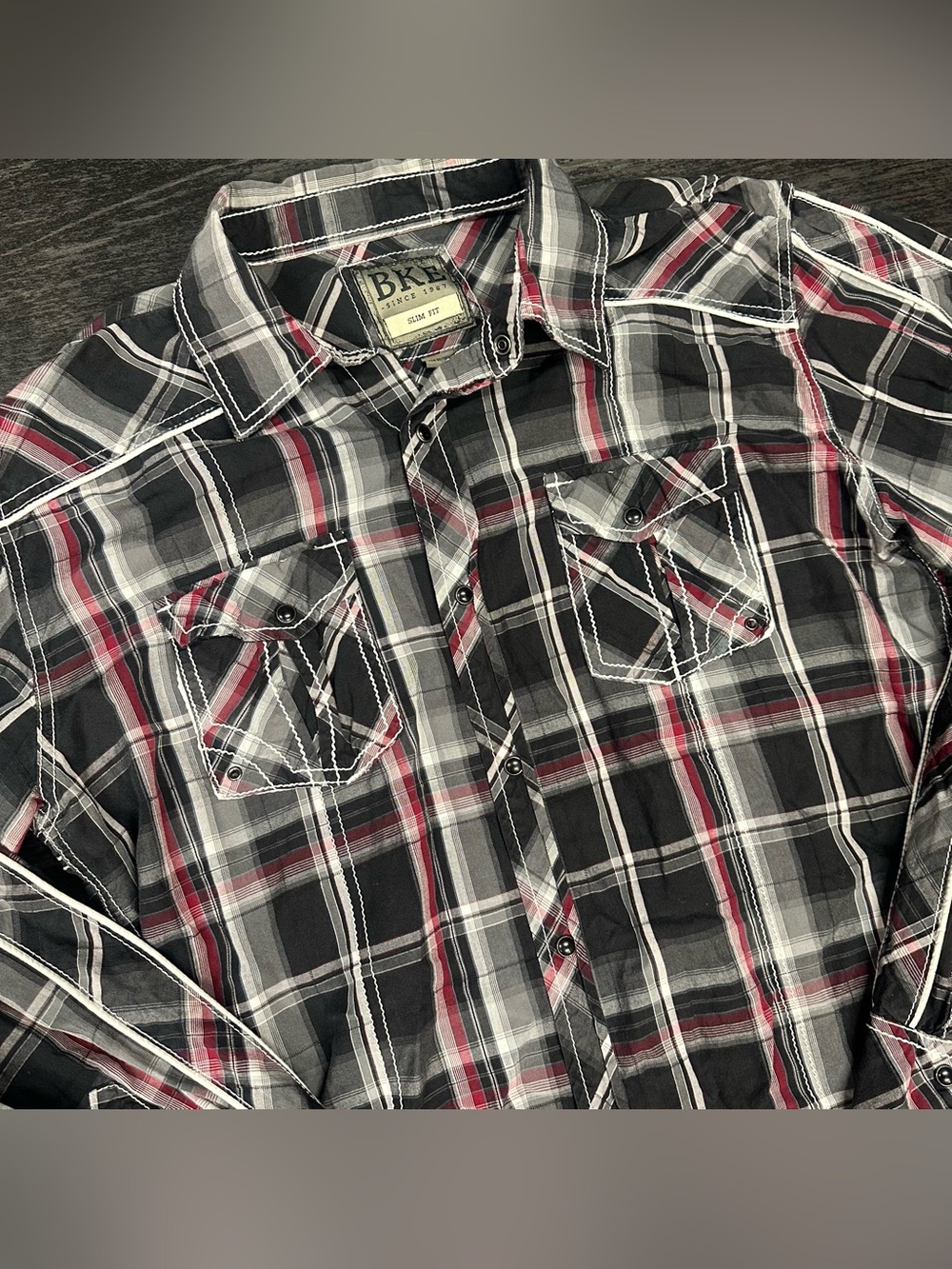 BKE Men’s Slim Fit Black Red Plaid Black Snap Shirt Size XL